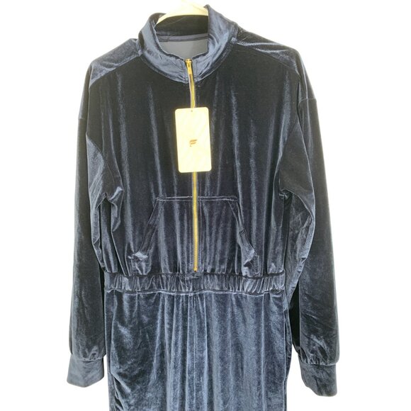 Fabletics Velour Zip-Up Wide Leg Onesie L Navy Jumpsuit RGG10698 NWT Mock Neck - Picture 2 of 13